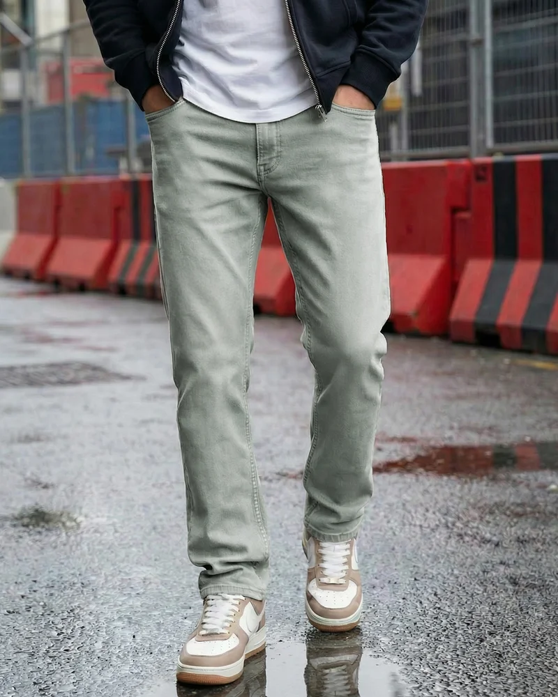 بيواكوف Men's Grey  Washed Slim Straight Fit Stretchable Mid-Rise Jeans